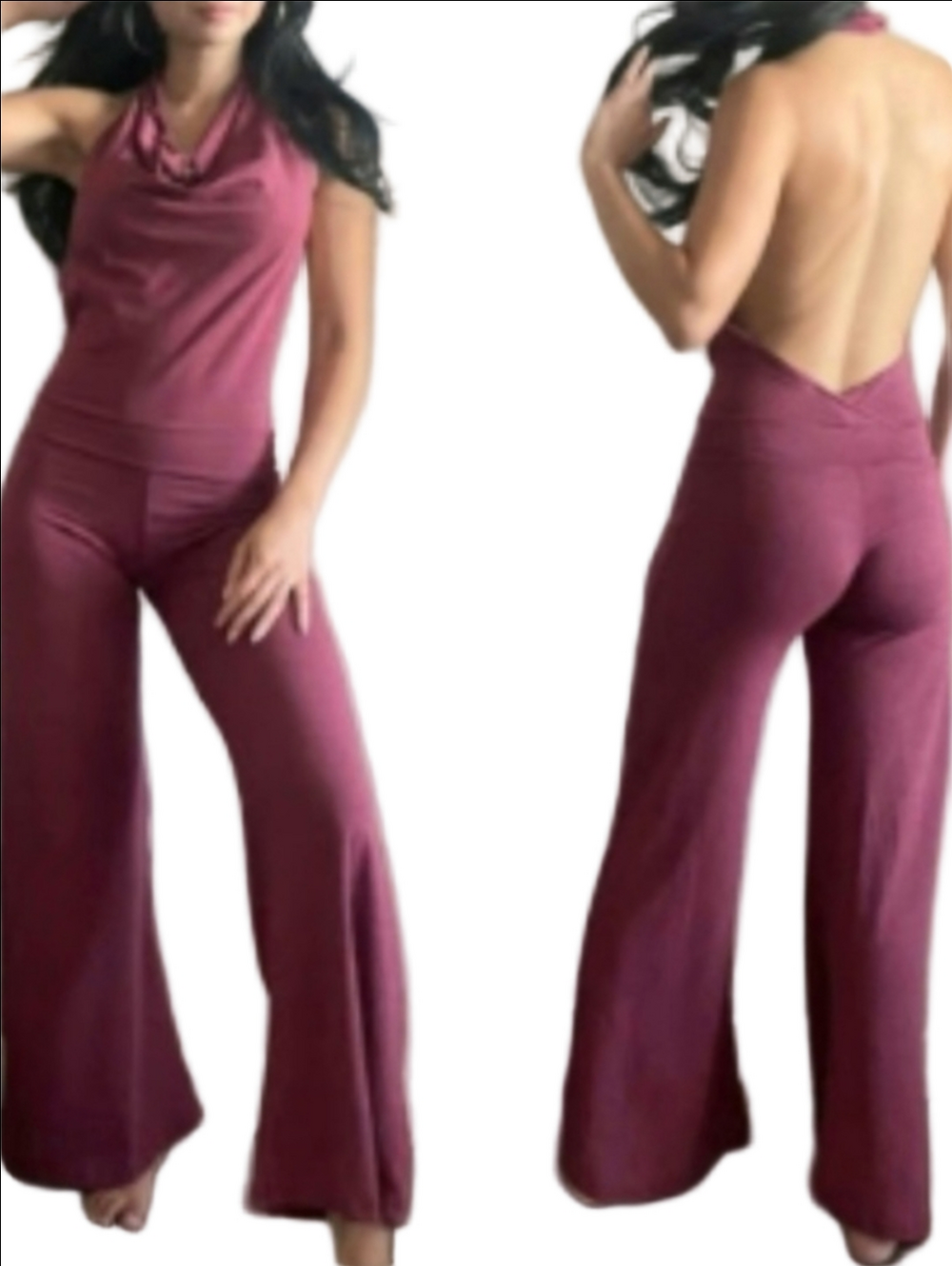 Aria Lattner Wide Leg Sleeveless Cowl Halter Neck Jumpsuit in Wine Sustainable L